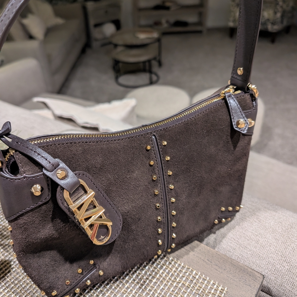 Michael Kors Chocolate Brown Suede Shoulder Bag with Gold Accents - Picture 2 of 9